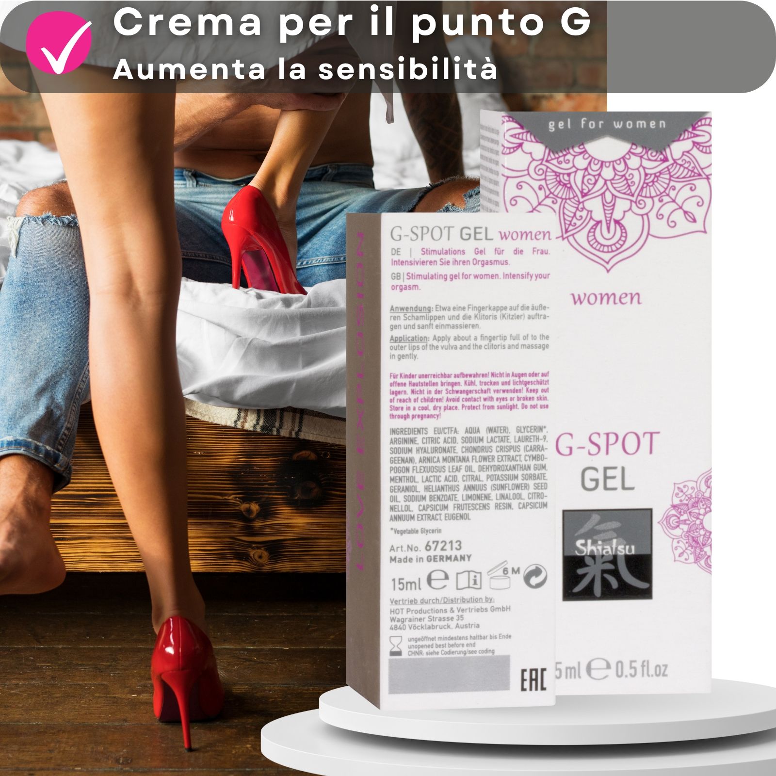 Prodotto e coppia. Scatola e testo: G-Spot Gel. Vantaggi: sensibilità, cura della pelle.