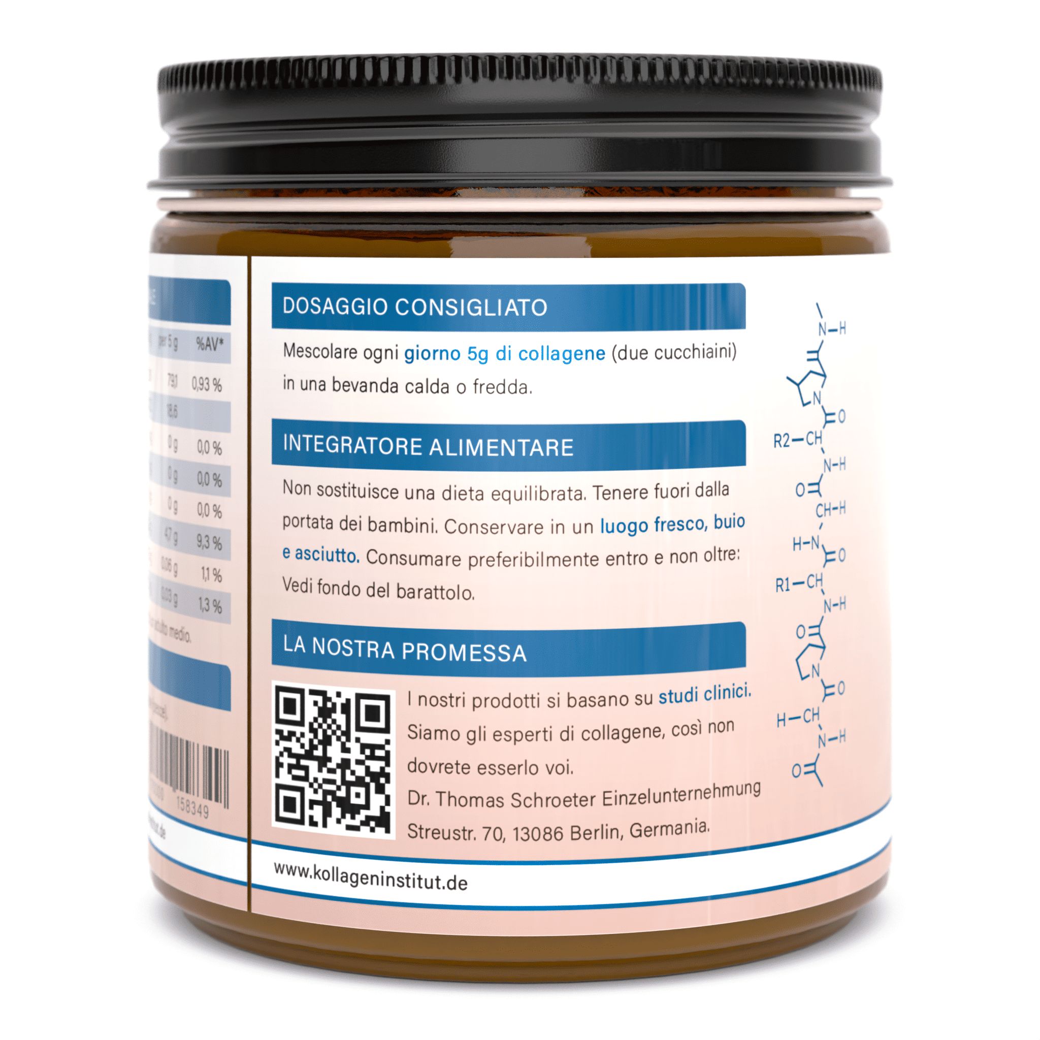 Retro di un barattolo di collagene con informazioni su dosaggio, ingredienti e valori nutrizionali. Codice QR.