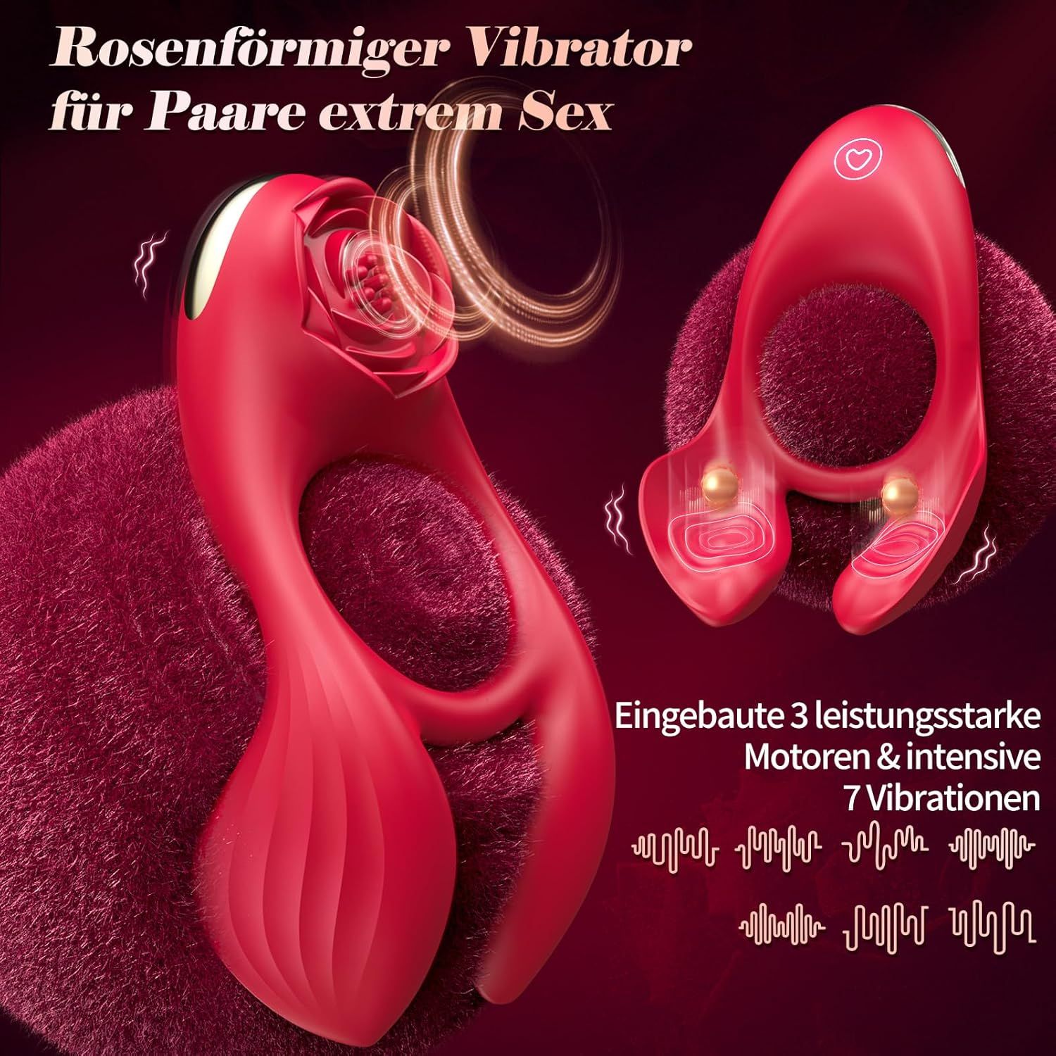 Vibratore rosso con attacco a forma di rosa e due punti di vibrazione. Testo: Vibratore a forma di rosa per coppie. 7 vibrazioni.