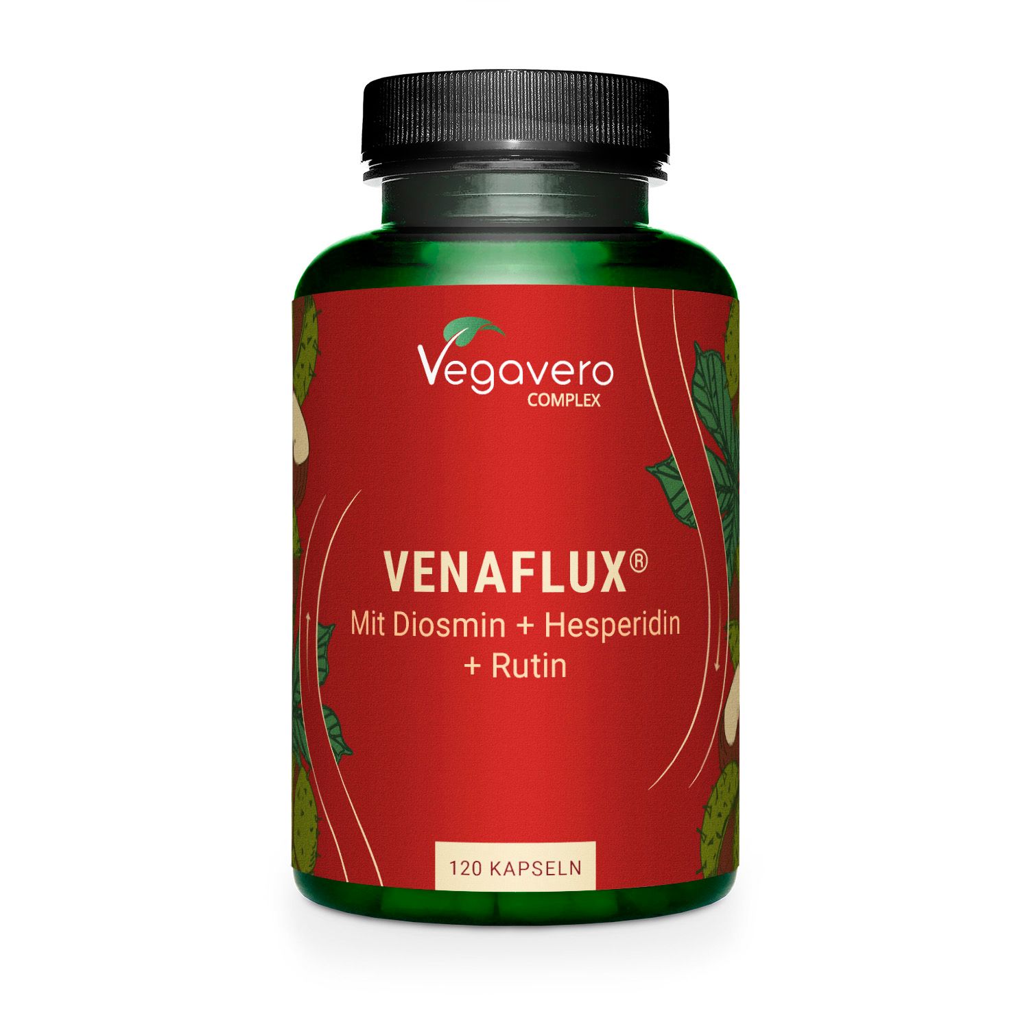 Flacone verde con tappo nero. Etichetta rossa con scritta bianca: Venaflux Complex. 120 capsule.