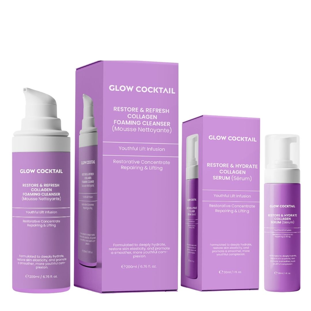 Due bottiglie e due scatole. Scritta: Glow Cocktail, Restore & Refresh Collagen Foaming Cleanser, Restore & Hydrate Collagen Serum.