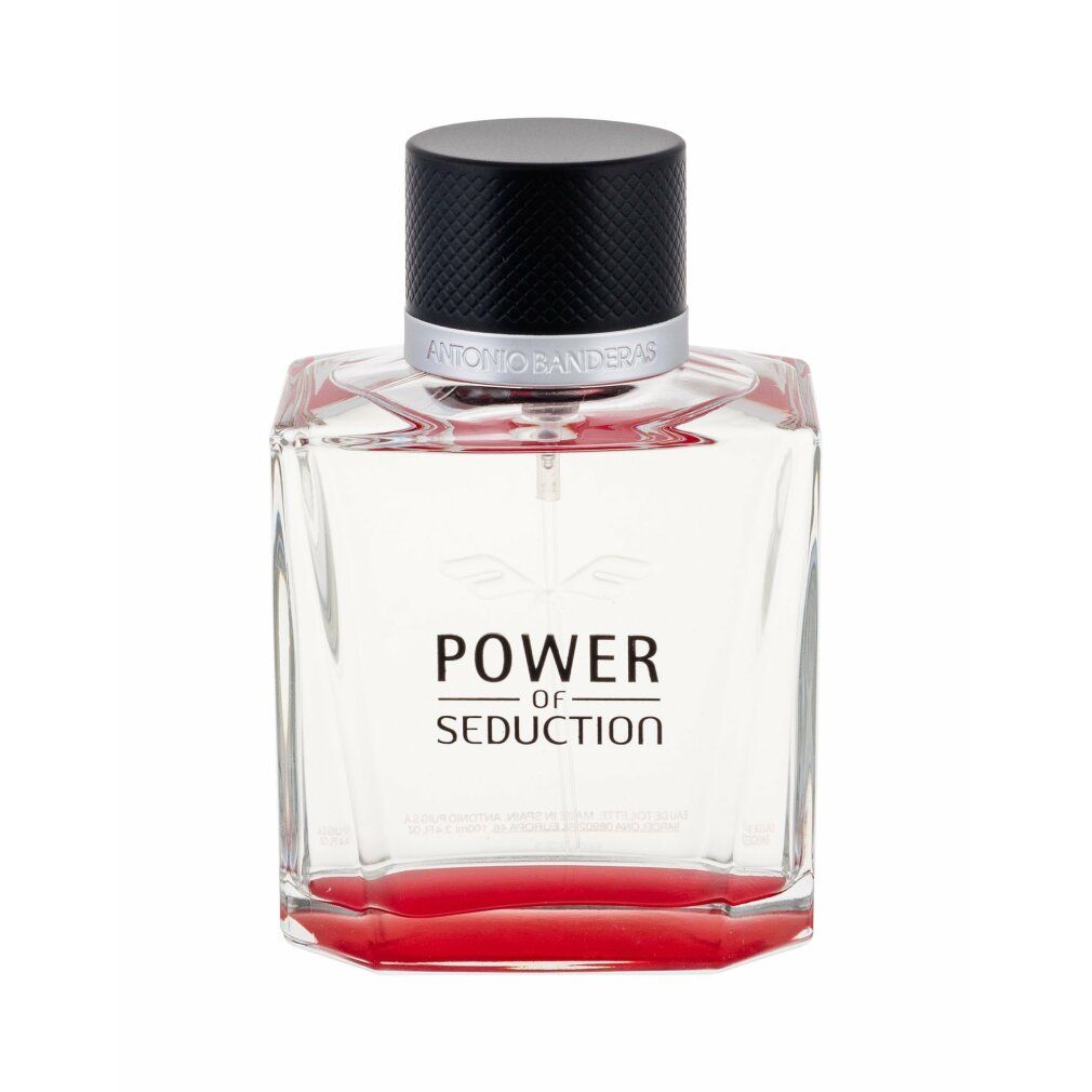 Flacone quadrato con base rossa e tappo nero. Scritta: Power of Seduction. Logo con ali.