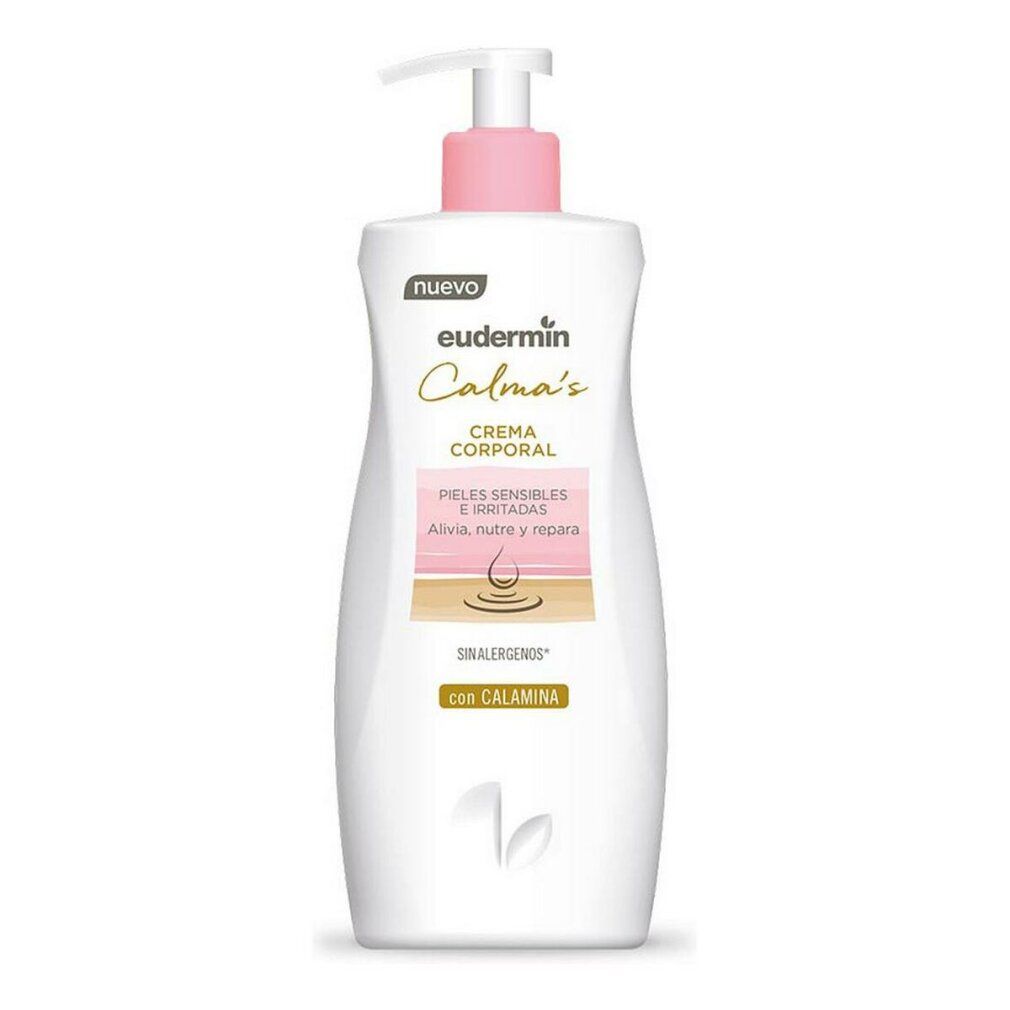 Flacone bianco con dosatore rosa. Scritta "Eudermin Calma's Crema Corporal". Testo: "Pieles sensibles e irritadas".