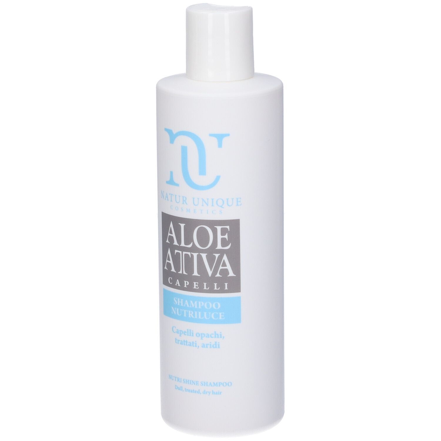 Flacone bianco con etichetta blu. Scritta: Natur Unique, Aloe Attiva, Capelli, Shampoo Nutriluce. Per capelli secchi.
