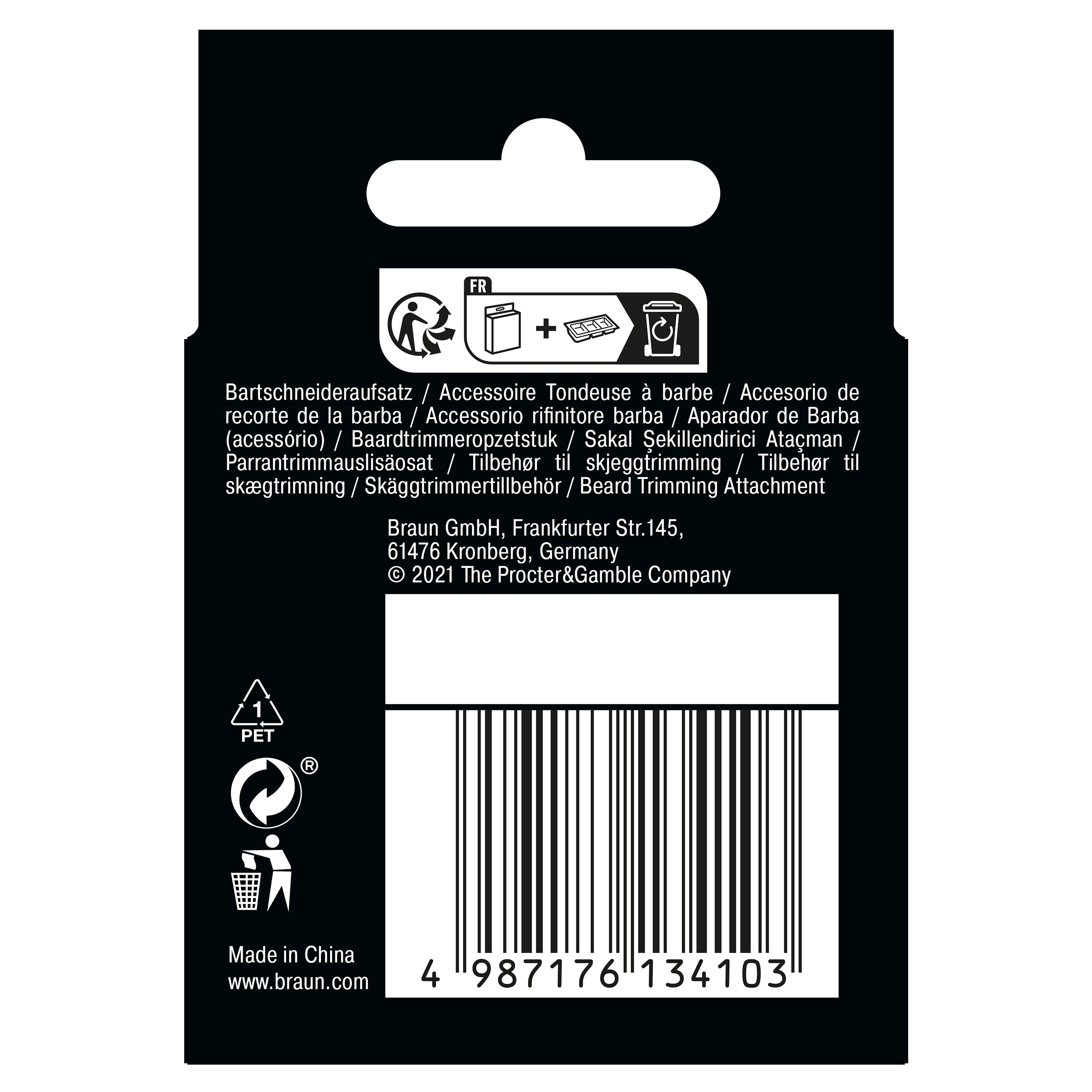 Retro della confezione. Testo: Accessorio rifinitore barba, Braun, codice a barre, simboli riciclo, Made in China.