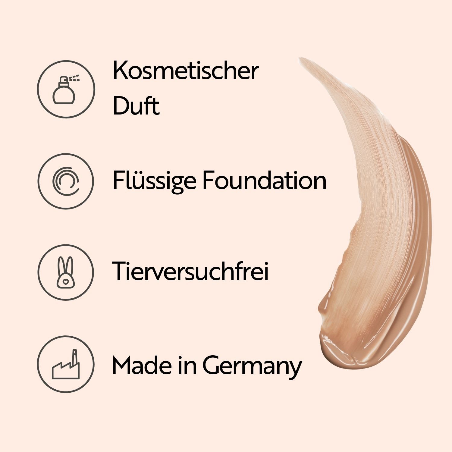 Simboli e testo. Profumo cosmetico, fondotinta liquido, cruelty-free, Made in Germany.