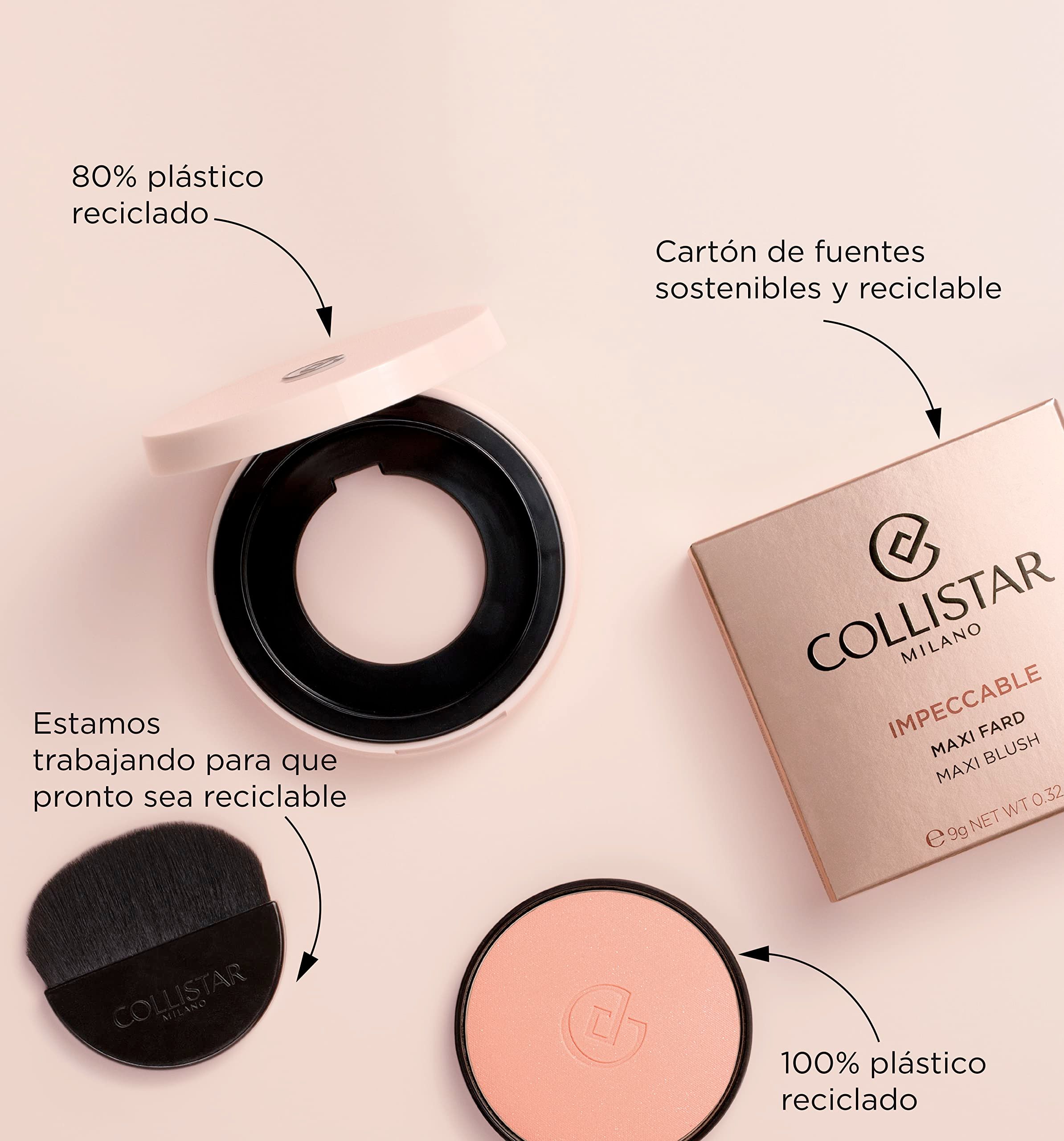 Blush compatto, pennello e confezione. Testo: 80% plastica riciclata, cartone da fonti sostenibili, 100% plastica riciclata.