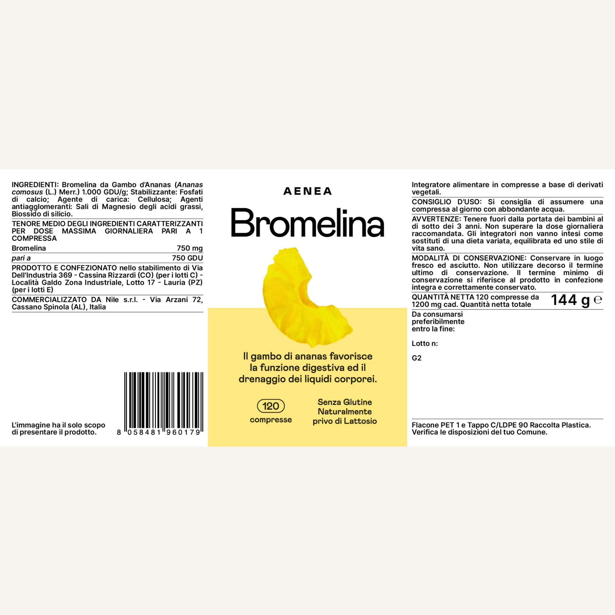 Etichetta Aenea Bromelina. Testo: 120 compresse, senza glutine, senza lattosio. Ingredienti, istruzioni per l'uso.