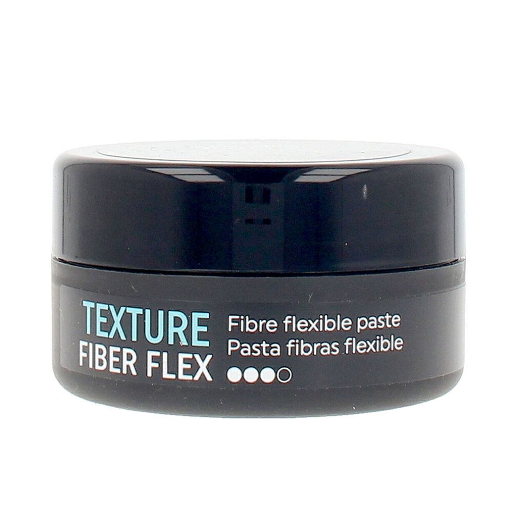 Barattolo nero rotondo con scritta bianca e verde. Texture Fiber Flex, Fibre flexible paste. Coperchio con logo.