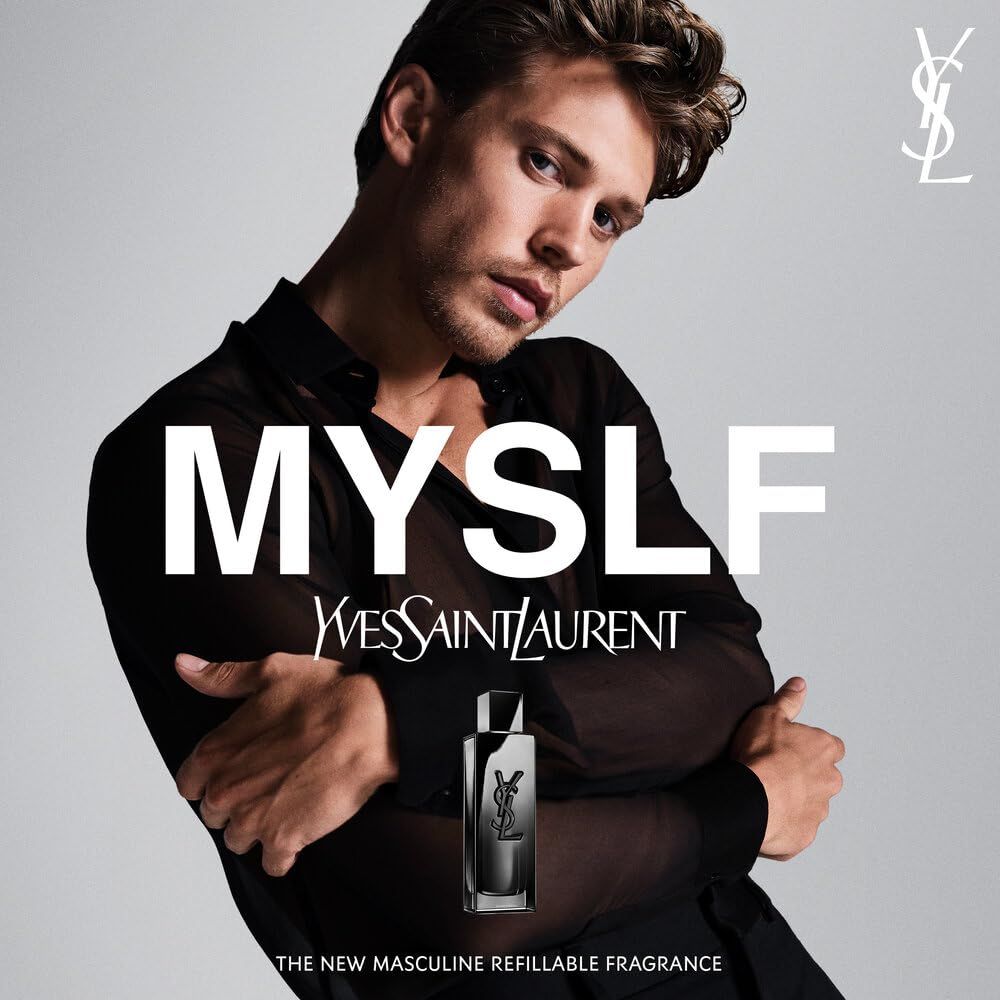 Uomo con YSL Myslf Eau de Parfum. Testo: Myslf, YSL, The New Masculine Refillable Fragrance.