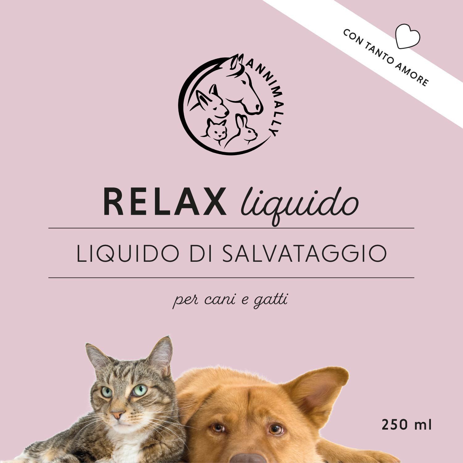 Sfondo rosa con nome e logo del prodotto. Sono raffigurati un gatto e un cane.
