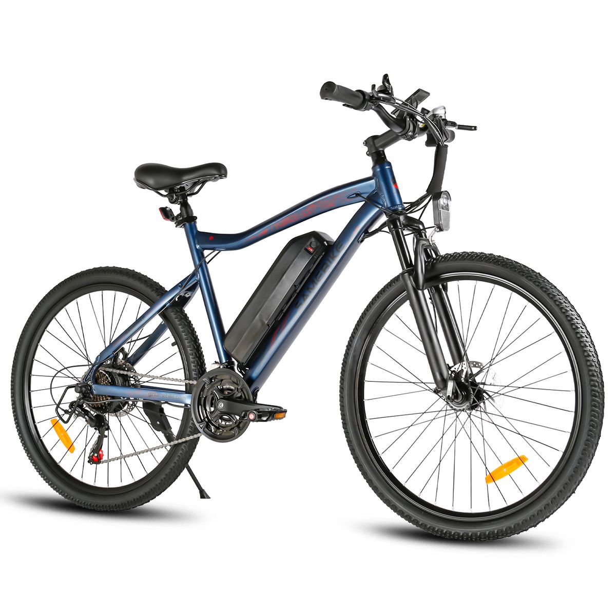 E-bike blu con telaio nero, batteria, faro e portapacchi. Riflettori gialli sulle ruote.