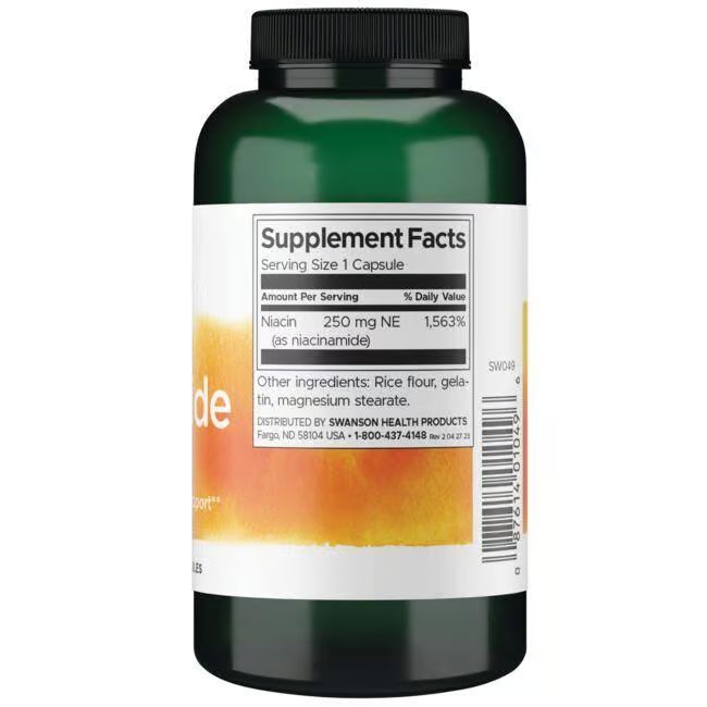 Flacone verde con etichetta bianca. Scritta: Niacinamide, 250 mg. Contiene capsule. Retro con informazioni nutrizionali.