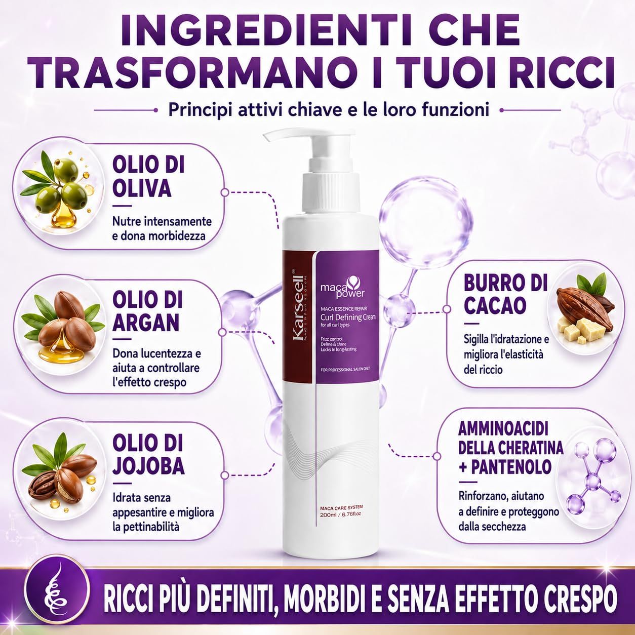 Flacone con erogatore per crema Karseell definisce ricci, con olio d'oliva, argan, jojoba, burro cacao e aminoacidi.