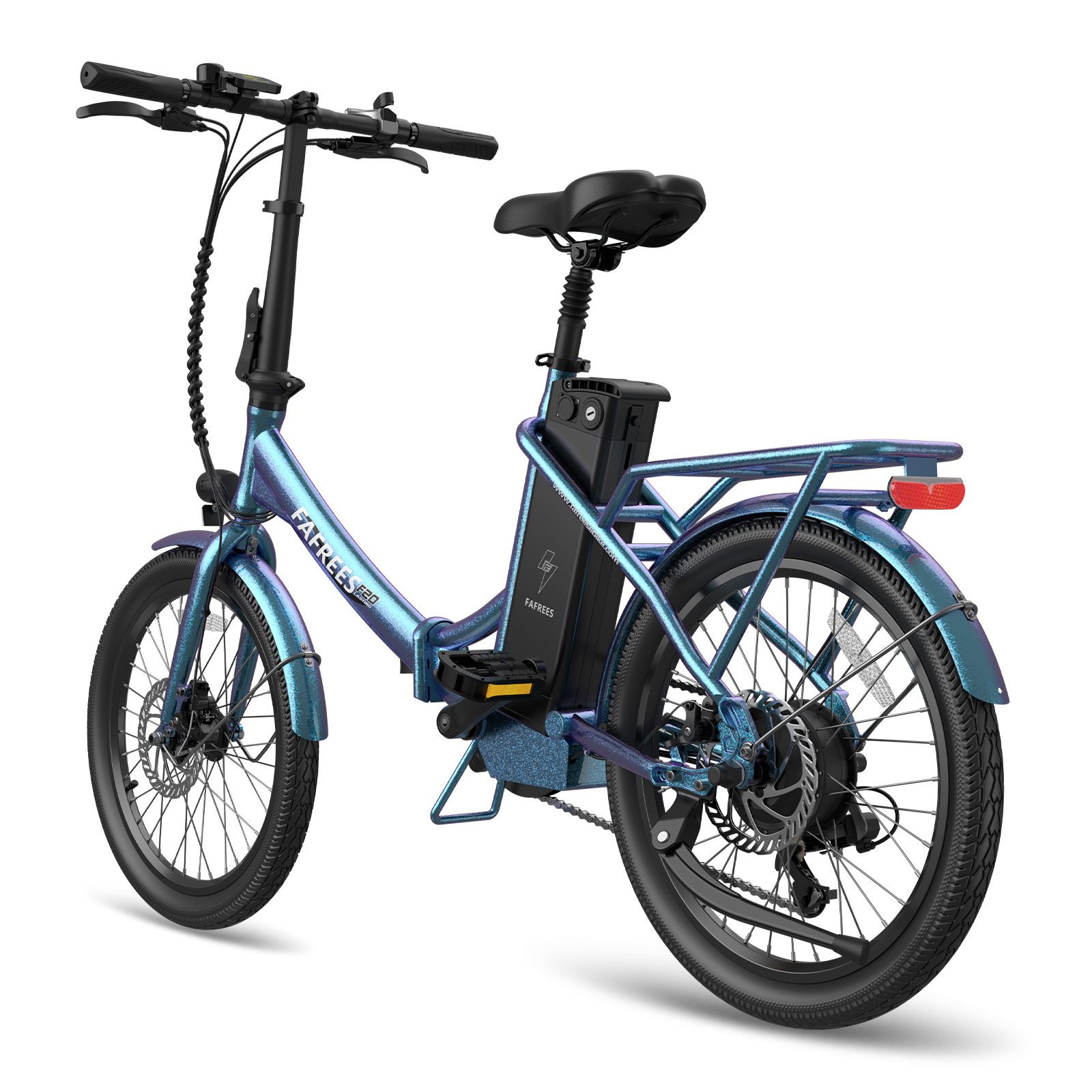 E-bike Fafrees F20 blu. Telaio pieghevole, portapacchi, freni a disco, batteria sul telaio. Pneumatici e sella neri.