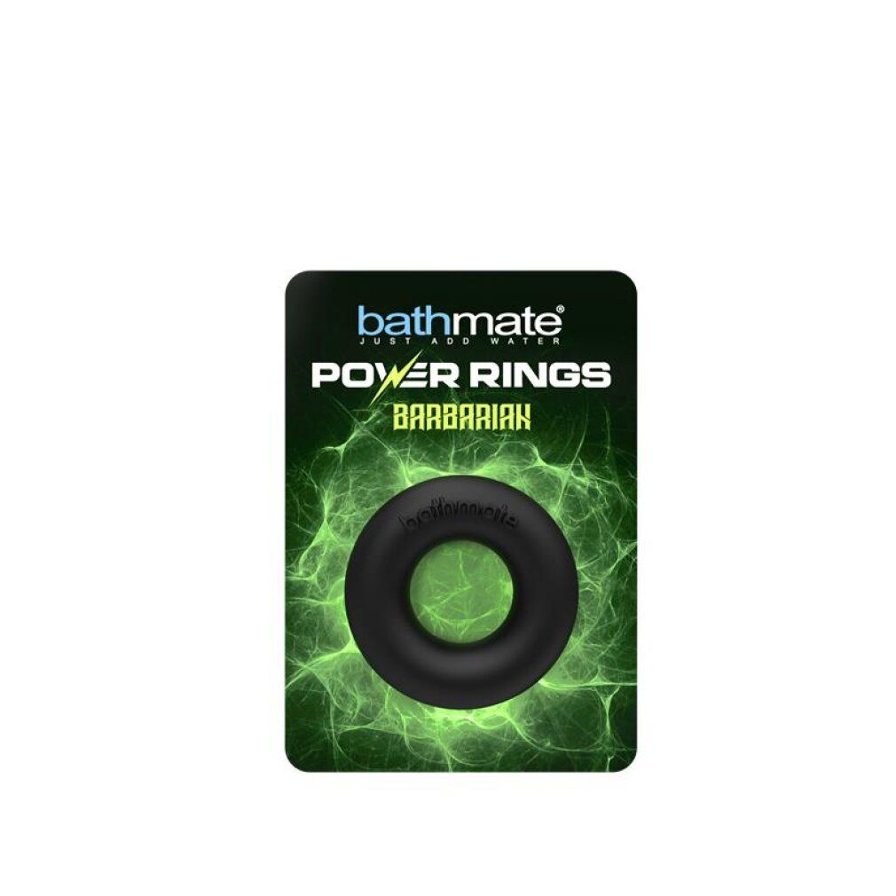 Bathmate Power Rings Barbarian in confezione blister con sfondo verde.