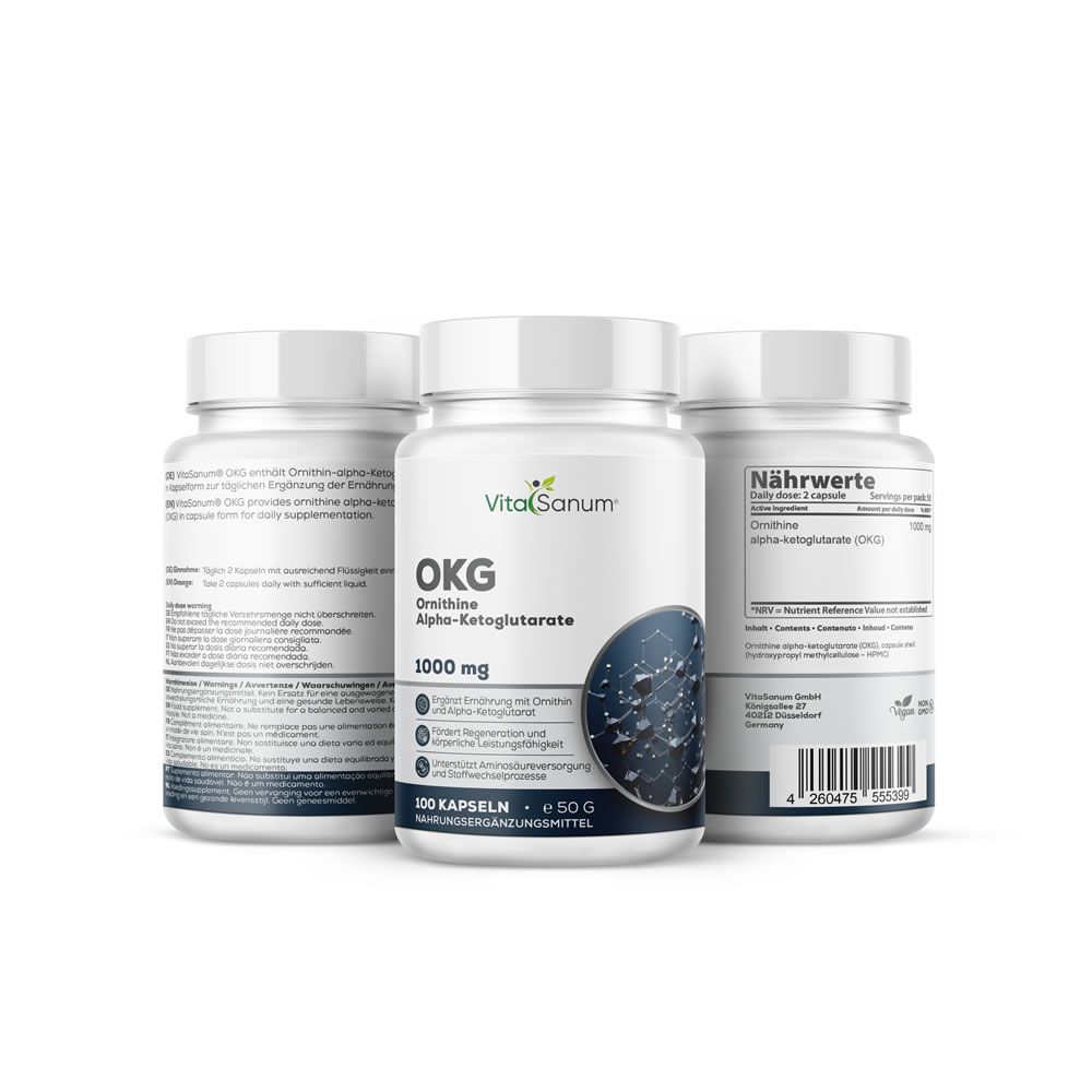 Tre bottiglie bianche VitaSanum OKG. Scritta: Ornitina Alfa-chetoglutarato, 1000 mg, 100 capsule, 50g.