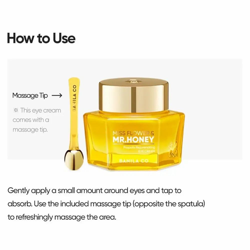 Vasetto di crema per gli occhi con applicatore. Scritta: Miss Flower & Mr. Honey. Testo: Istruzioni per l'uso. Applicatore a forma di cucchiaio.