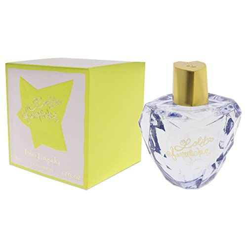 Flacone di profumo e scatola. Flacone a forma di cuore, tappo dorato. Scatola gialla con stella.