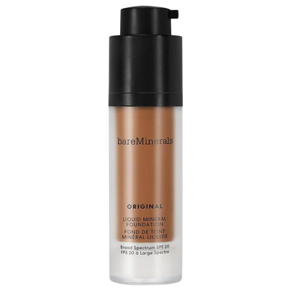 Fondotinta liquido in flacone trasparente con dosatore nero. Scritta: ORIGINAL, Liquid Mineral Foundation, SPF 20.