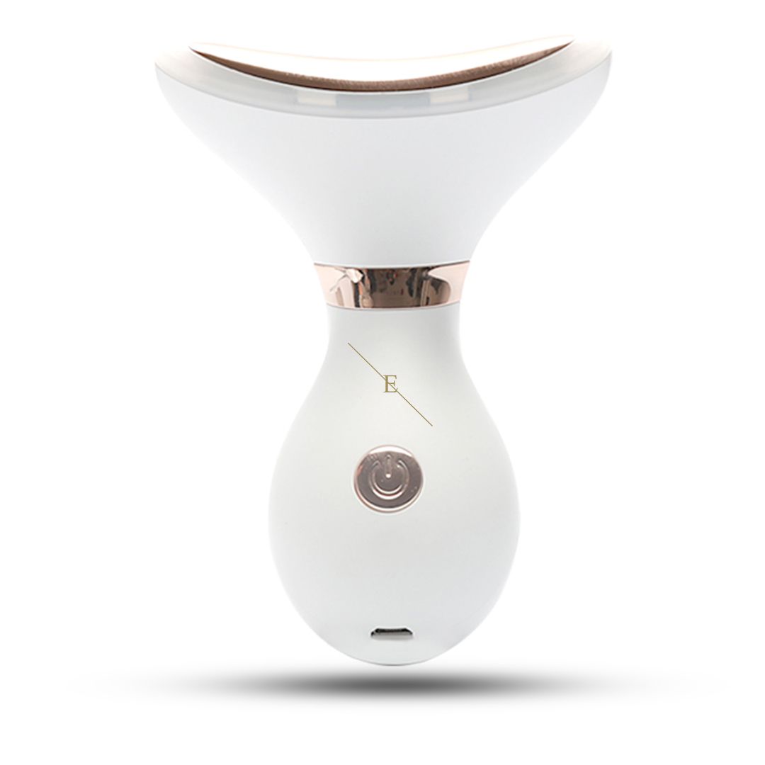 Dispositivo LED bianco per collo e mento, con dettagli dorati. Pulsante di accensione e porta di ricarica.
