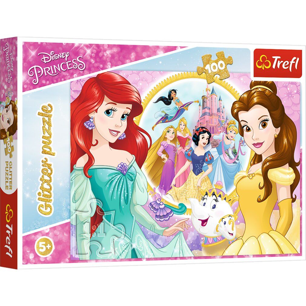 Scatola puzzle Disney Princess. Ariel e Belle raffigurate. 100 pezzi, effetto glitter. Età consigliata: 5+