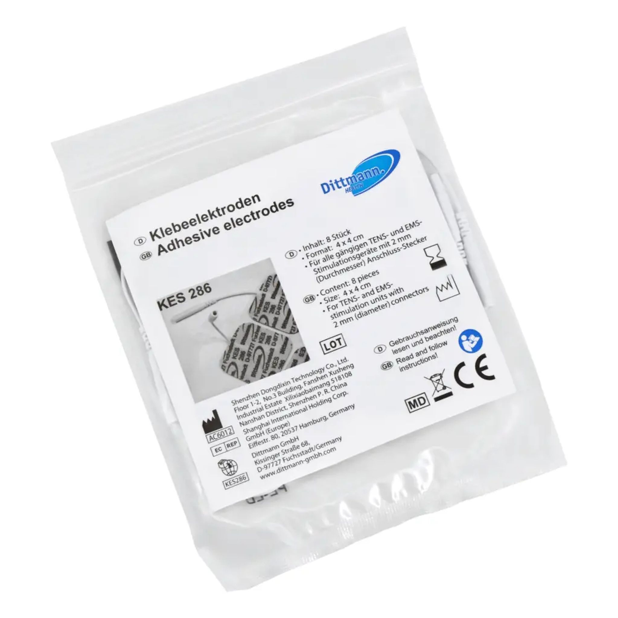 Confezione con elettrodi. Scritta "Klebeelektroden Adhesive electrodes KES 286".