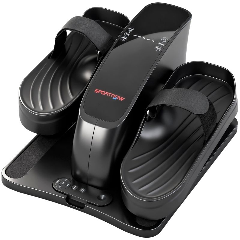 Mini ellittica nera. Pedali con cinghie, pannello comandi centrale con pulsanti e display LED. Logo SPORTNOW.