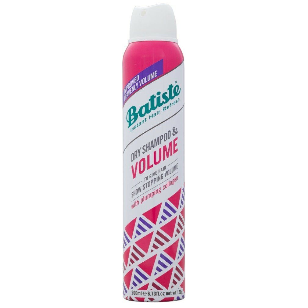 Bomboletta spray rosa con tappo bianco. Scritta: Batiste Dry Shampoo & Volume. Motivo di triangoli e linee.