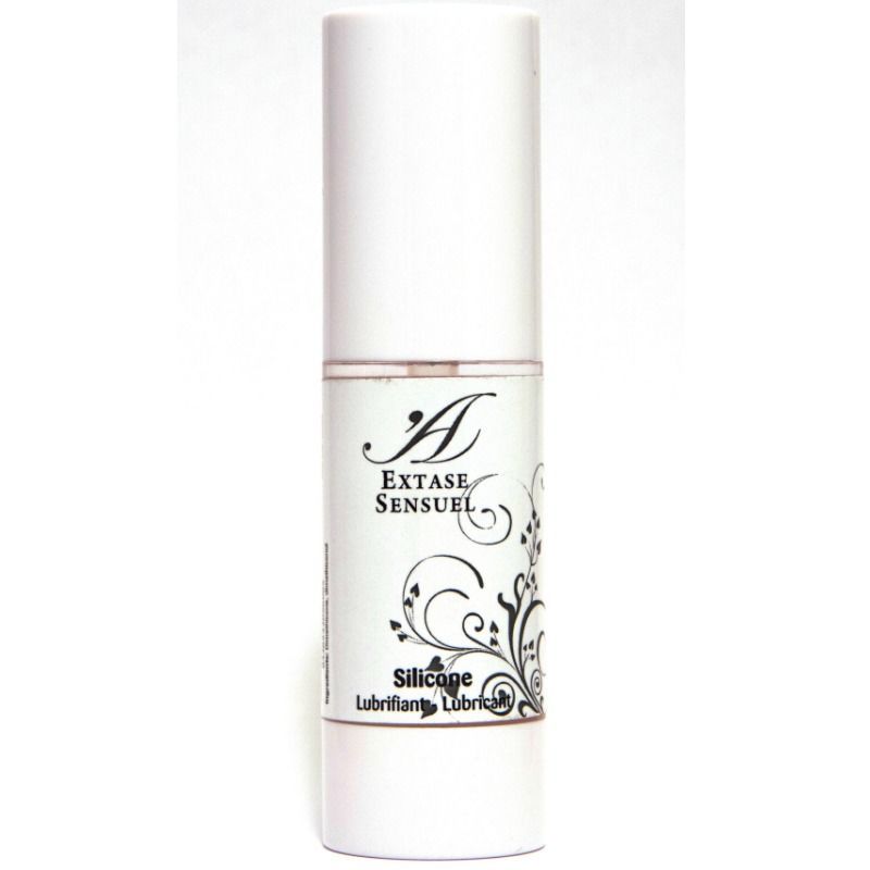 Flacone cilindrico con tappo bianco. Scritta: Extase Sensuel, Silicone, Lubricant. Decorazione floreale.