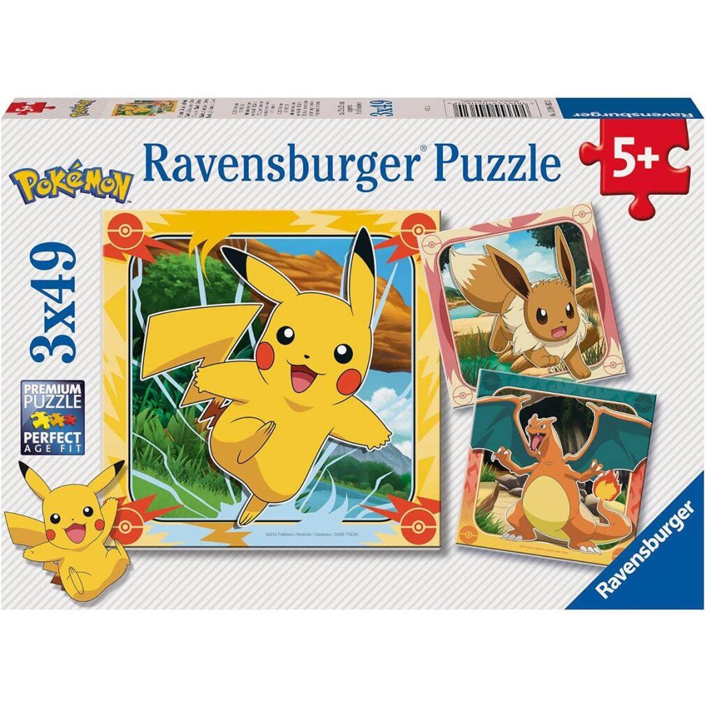 Scatola puzzle Pokémon. Contiene 3 puzzle da 49 pezzi ciascuno. Logo Ravensburger e indicazione età 5+.