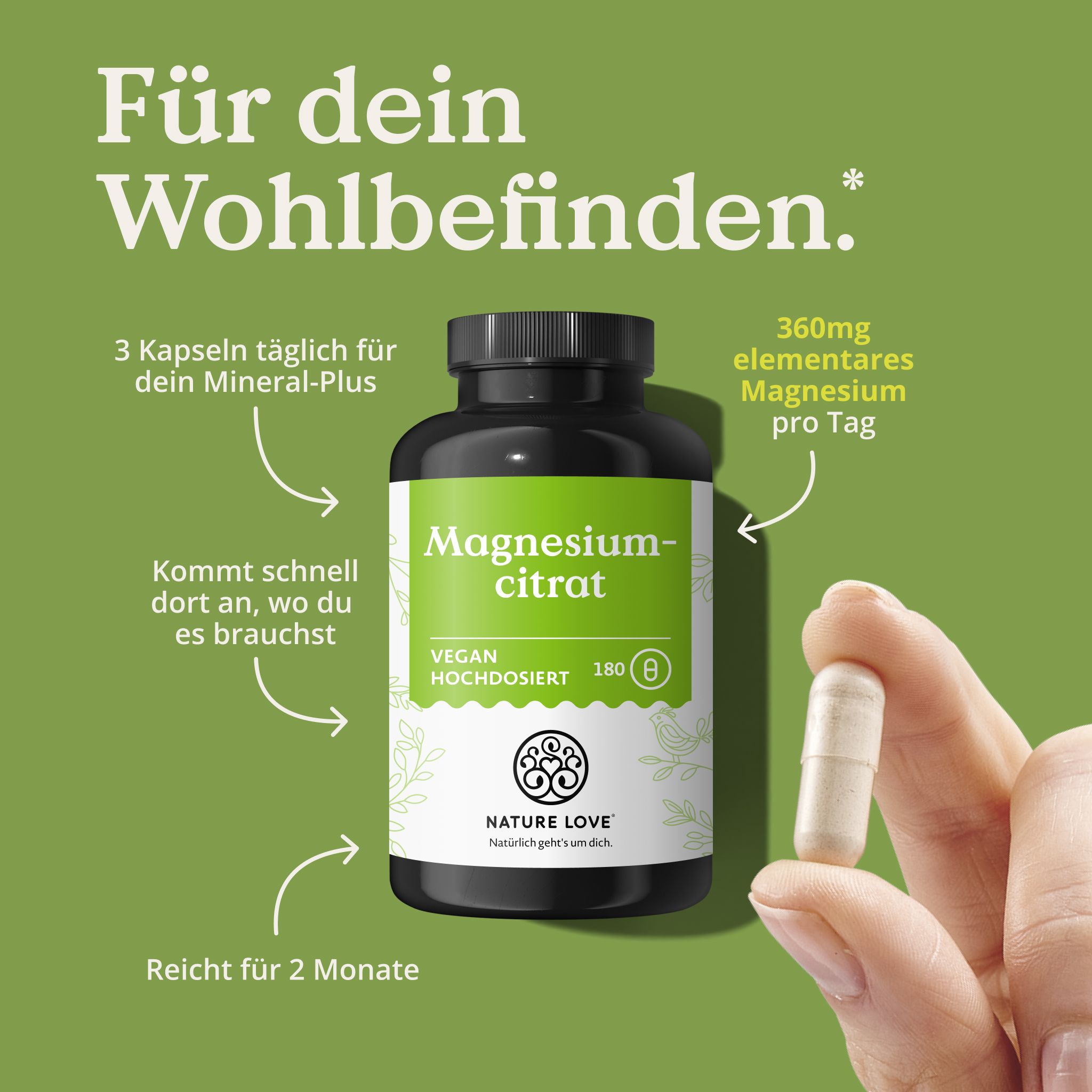 Flacone di NATURE LOVE Magnesio citrato, 180 capsule, e una capsula. Testo: Per il tuo benessere.