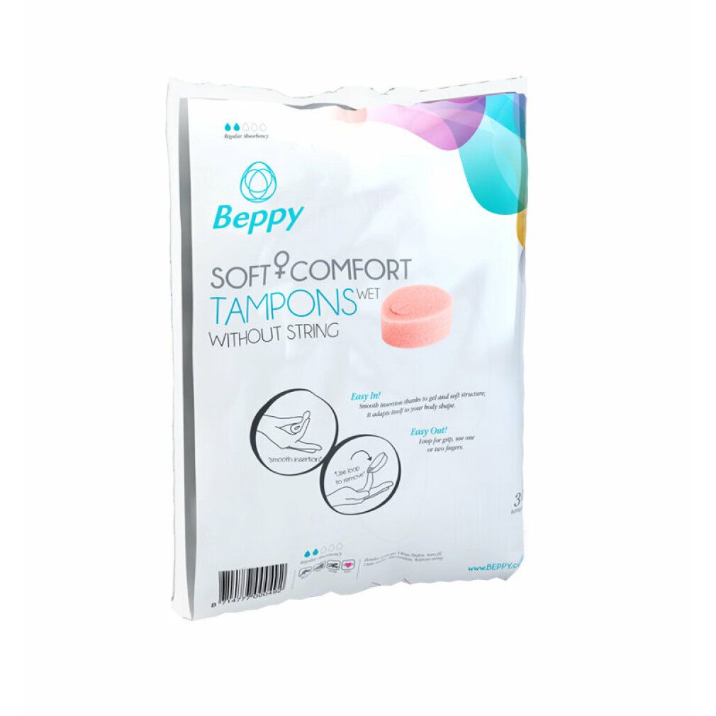 Confezione di tamponi Beppy Soft + Comfort senza filo. Tampone rosa illustrato. Testo: Easy In! Easy Out! 3 pezzi.