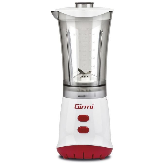 Frullatore da tavolo Girmi FR02, 0,6 L, 350 W, rosso e bianco. Ha una base bianca con pulsanti rossi e una base rossa. Il contenitore trasparente mostra una scala graduata e una lama. Il coperchio è bianco.