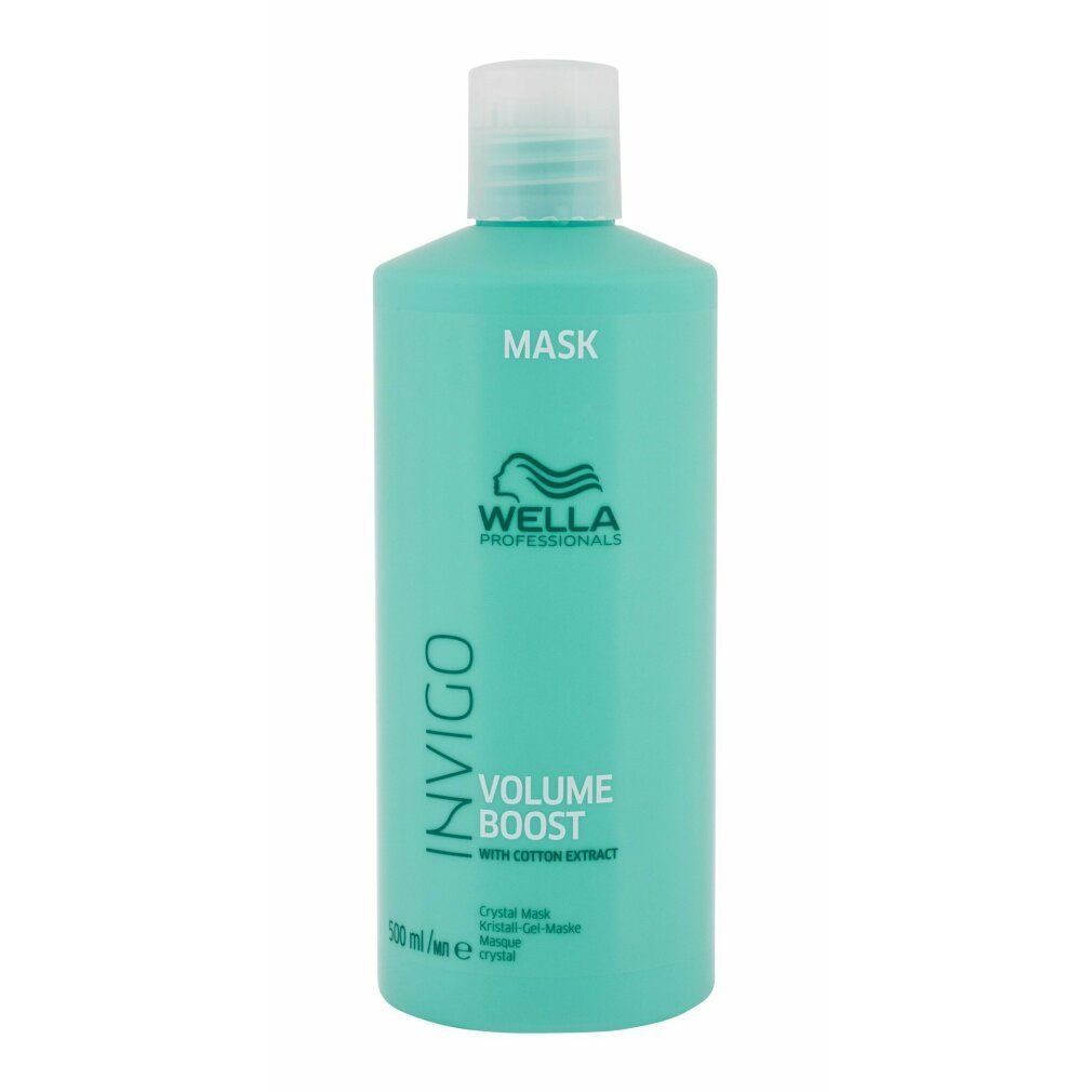 Flacone turchese con tappo bianco. Scritta: Wella Invigo Volume Boost. Con estratto di cotone. 500 ml. Nome prodotto: Maschera.