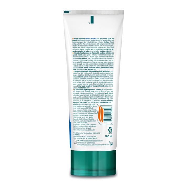 Retro di un tubetto di Himalaya Detergente Viso Illuminante Vitamina C Mirtillo. Contiene 100 ml.