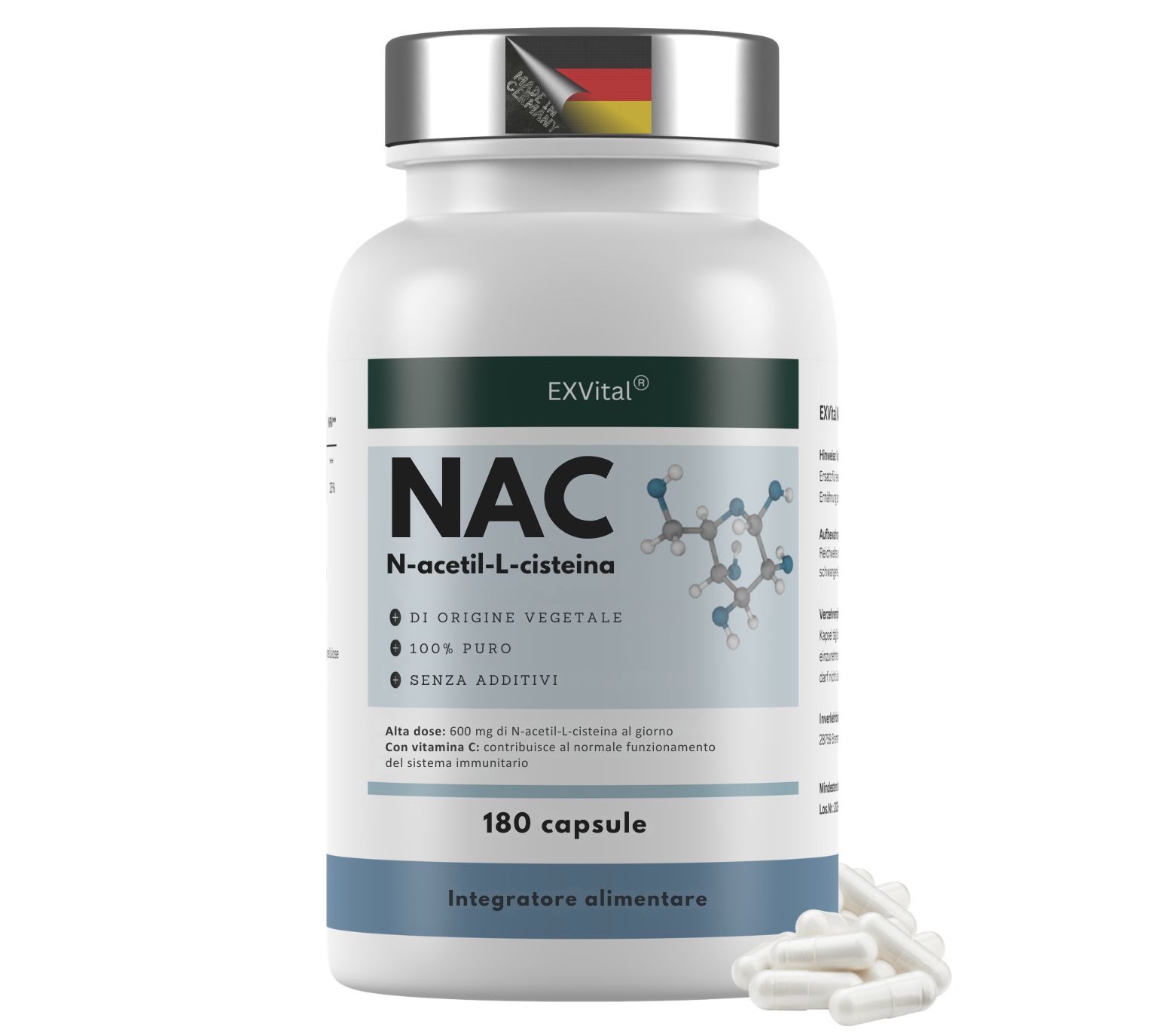 Etichetta: EXVital NAC N-acetil-L-cisteina, 180 capsule, 600mg al giorno, con Vitamina C.