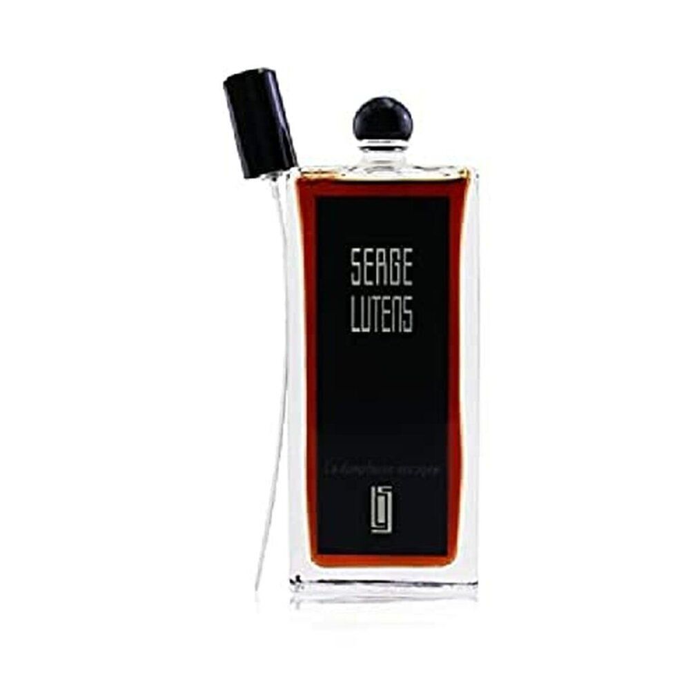Flacone rettangolare con etichetta nera. Scritta: SERGE LUTENS, La dompteuse encagée. Vaporizzatore aperto.