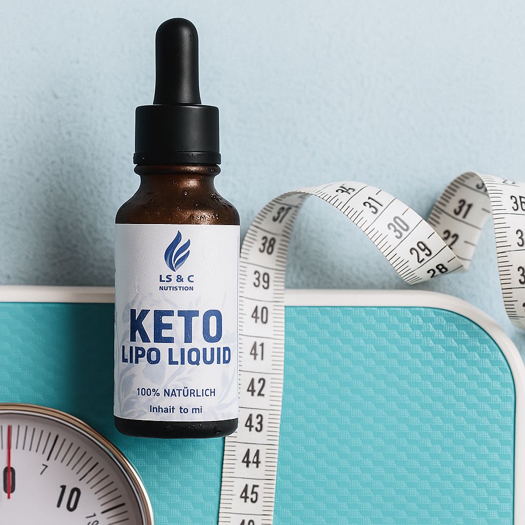 Flacone marrone con contagocce nero, accanto a metro a nastro e bilancia. Scritta KETO LIPO LIQUID. 100% naturale.