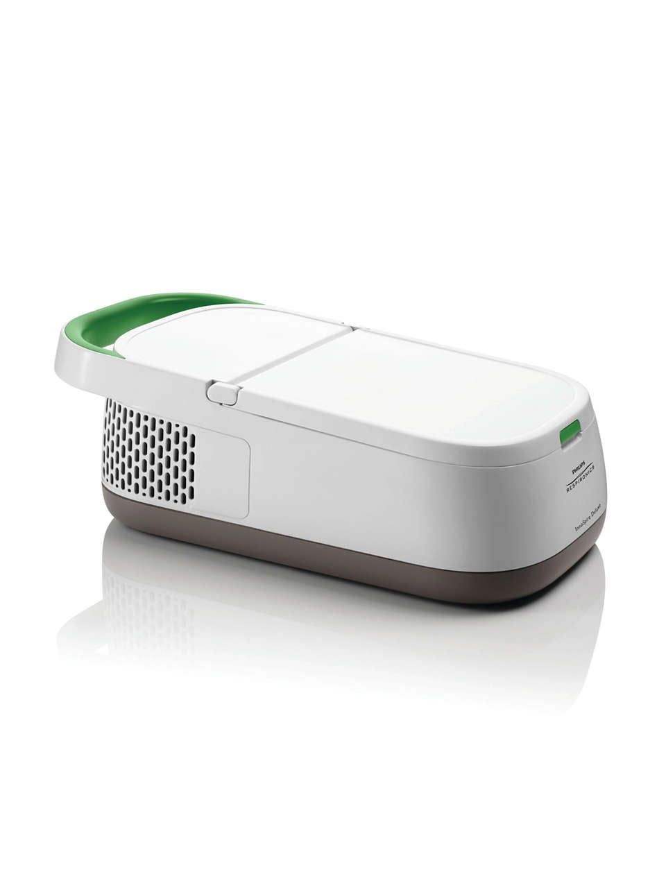 Dispositivo medico bianco con maniglia verde e base marrone. Philips Respironics InnoSpire Deluxe.