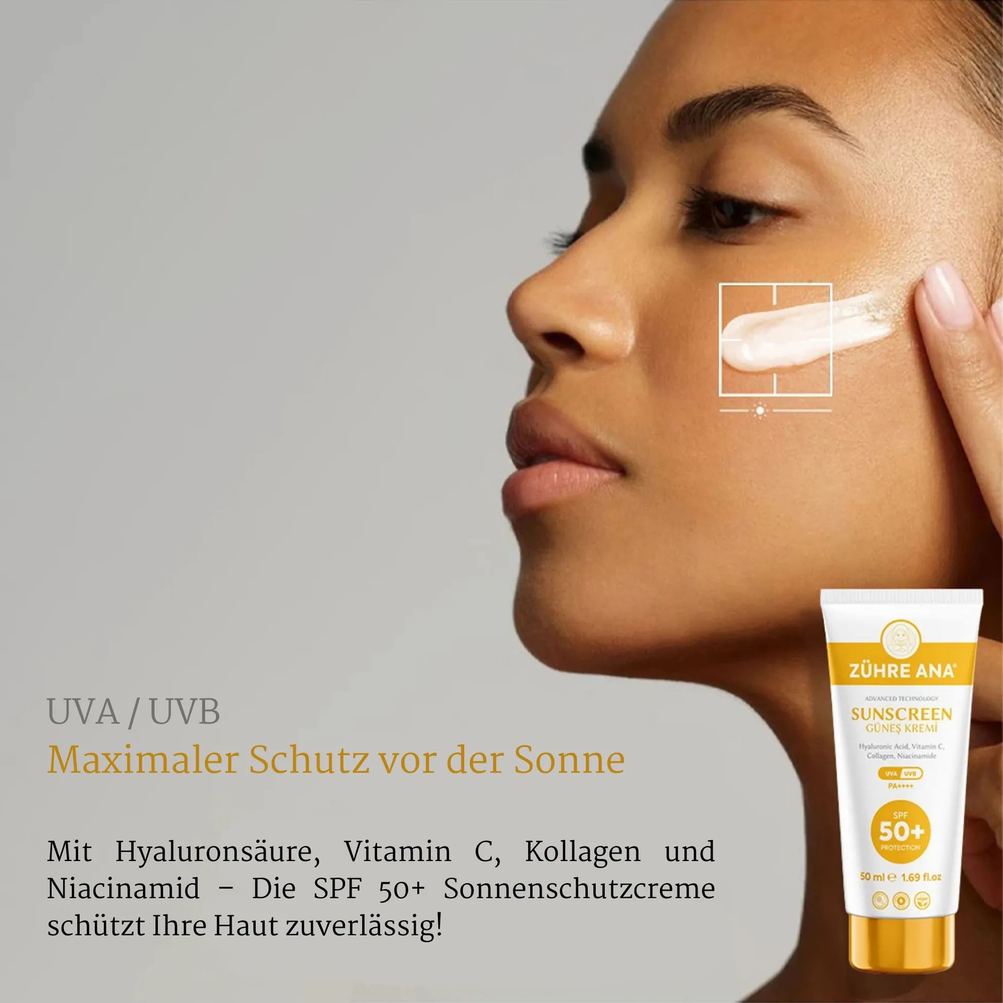 Donna con crema solare sulla pelle. Zühre Ana protezione solare SPF 50+ UVA/UVB. Testo: Massima protezione solare.