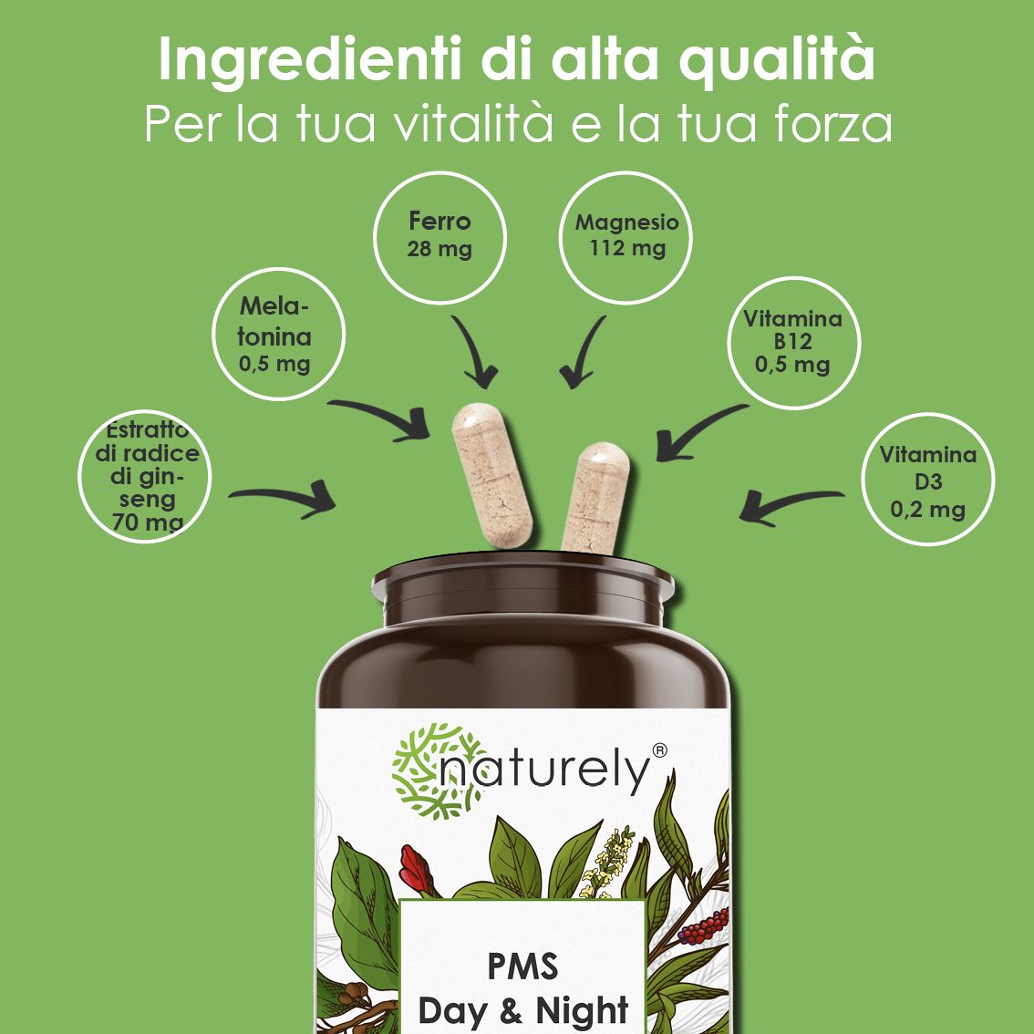 Flacone con due capsule, circondato da cerchi che mostrano ingredienti come ferro e magnesio.