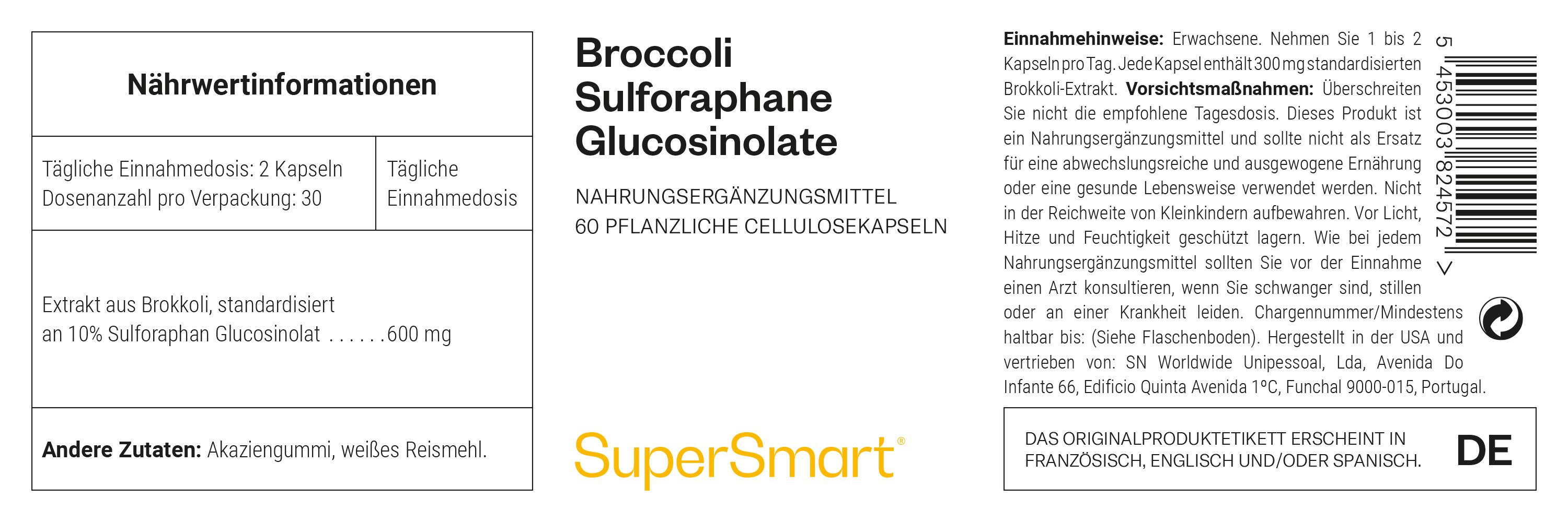 Integratore alimentare con Broccolo Sulforafano Glucosinolato, 60 capsule di cellulosa vegetale.