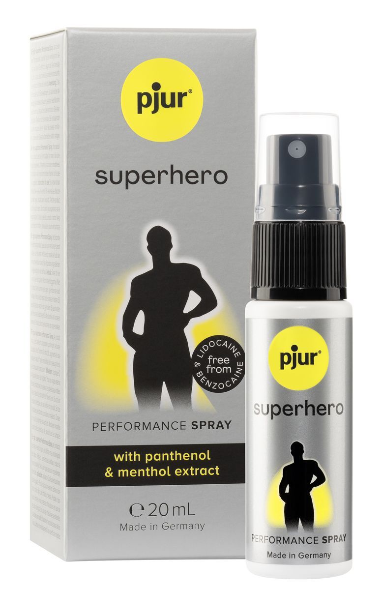 Spray performance pjur SUPERHERO per uomo, flacone e confezione da 20ml.