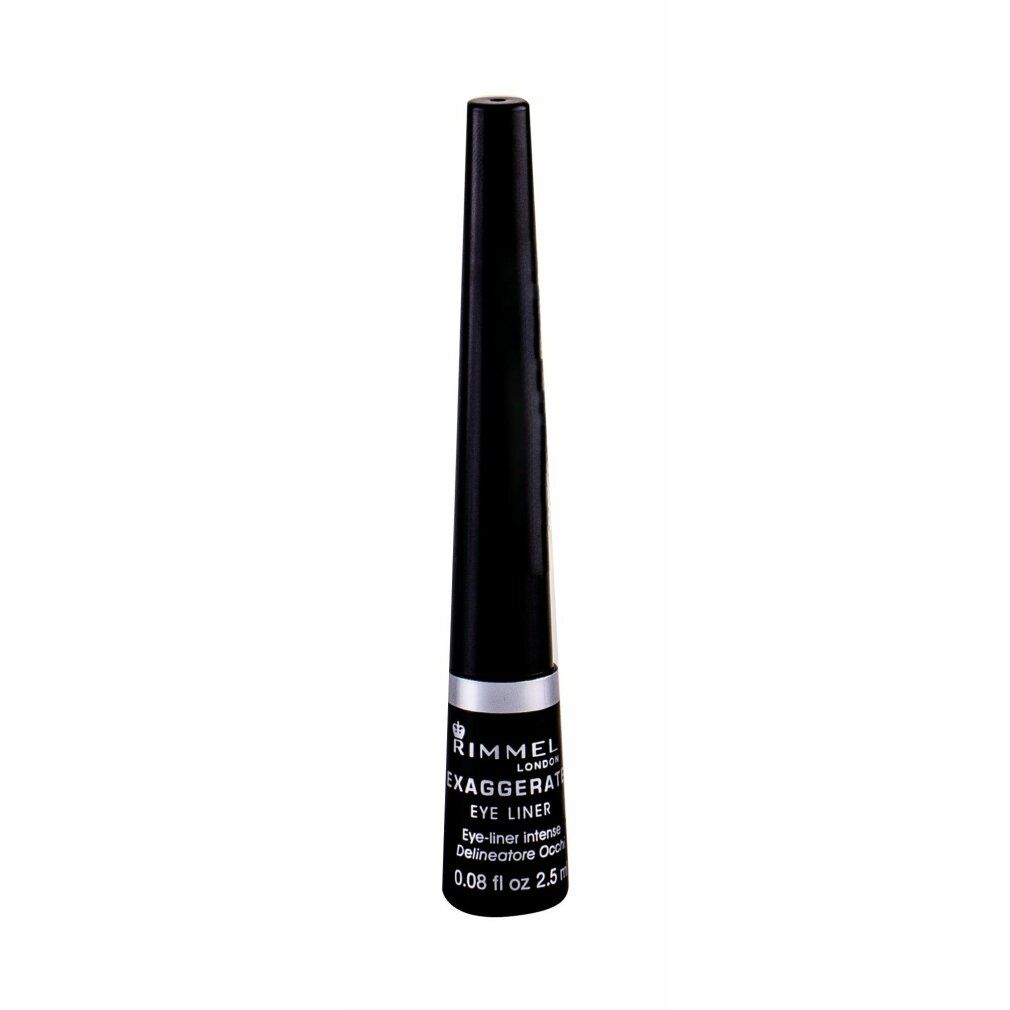 Eyeliner liquido nero. Flacone nero con anello bianco e informazioni sul prodotto. Marchio Rimmel.