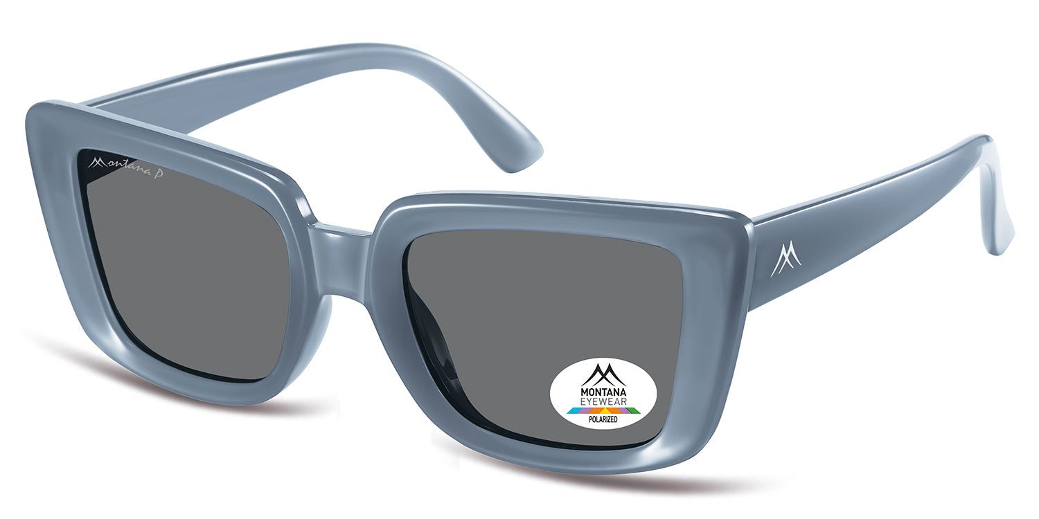 Occhiali da sole blu con lenti scure. Logo Montana Eyewear e certificazione di polarizzazione. Vista laterale.