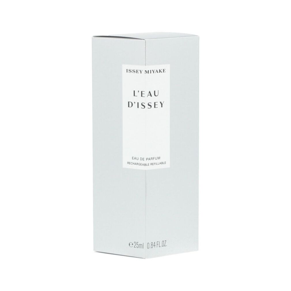 Confezione bianca con scritta: ISSEY MIYAKE, L'EAU D'ISSEY, Eau de Parfum, Vaporizzatore Ricaricabile.