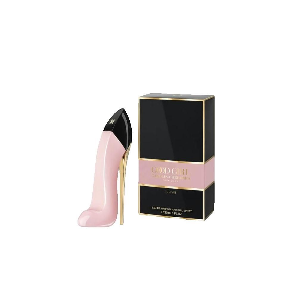 Flacone rosa a forma di scarpa accanto a una scatola nera con accenti rosa. Testo sulla scatola.