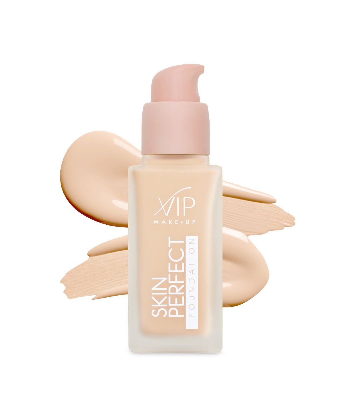 Flacone con erogatore e fondotinta beige chiaro. Scritta "VIP MAKEUP SKIN PERFECT FOUNDATION".