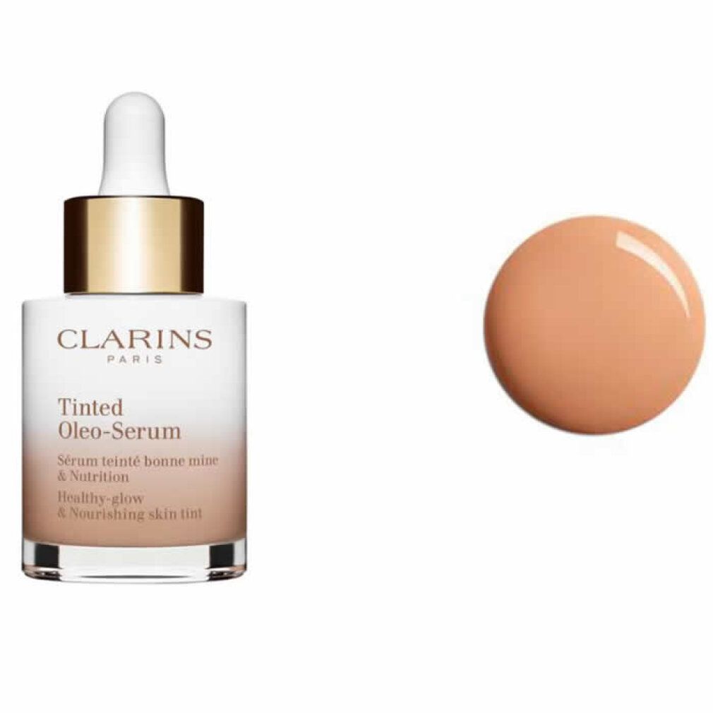 Clarins Siero Oleo-Tinto. Flacone con contagocce e macchia di colore. Tappo oro. Sfumatura da chiaro a marrone.